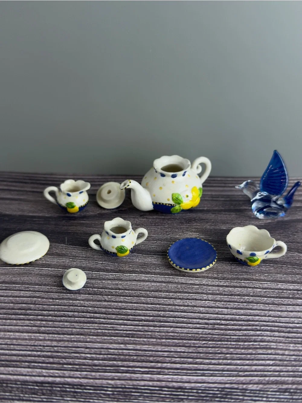 Mini Ceramic Miniature Tea Set Bundle w/ Teapot Cups Sugar Creamer & Blue Bird